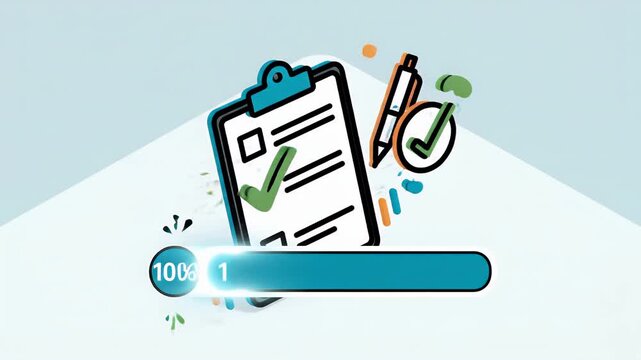Isometric clipboard illustration with green checkmark and pen on white background with copy space.