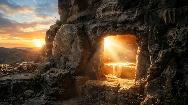 The empty tomb of Jesus Christ at sunrise with golden light shining from within.