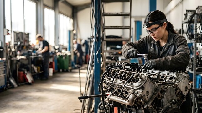 Female mechanic repairing a car engine at a professional service garage