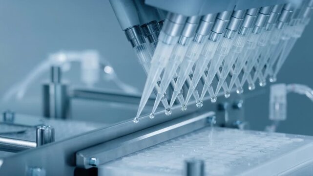 Close up video of automated multi channel pipetting system accurately dispensing liquids in laboratory