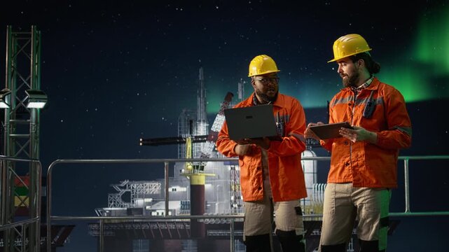 Reviewing maritime security issues, conflict and offshore rig installation manager using tablet while overseeing embargo affecting operations, drilling barge and worker, for energy operations.