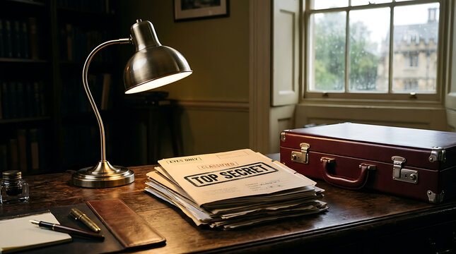 Top secret classified documents on a desk with a briefcase