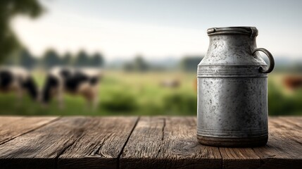 Naklejka premium Old metal milk can on wooden table with blurred farm background, minimal rustic composition, traditional dairy farming and countryside lifestyle concept.