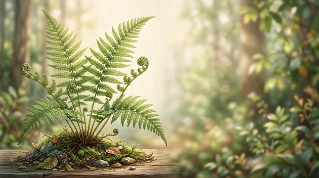 Green fern plant with fiddleheads growing on mossy wood in forest setting