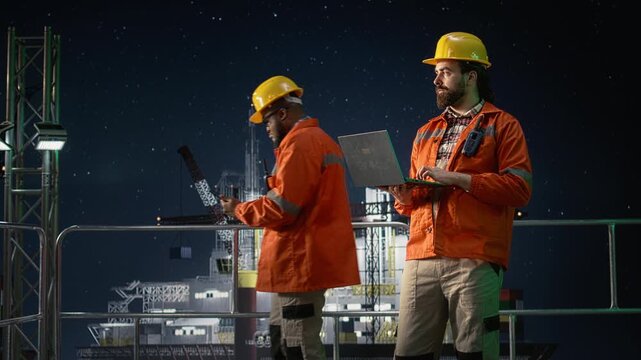 Offshore platform manager reviewing maritime security issues using laptop during conflict affecting operations while a drilling rig expert oversees sea fossil extraction embargo at sea.