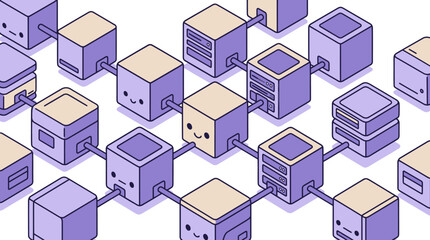 Fototapeta premium Kawaii Blockchain Network Illustration: Isometric Purple Cubes Representing Interconnected Data Nodes and Crypto Technology
