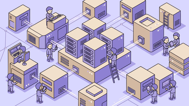 Isometric Data Center Illustration with Server Racks, Network Infrastructure, and IT Technicians Managing Cloud Computing and Web Hosting Services