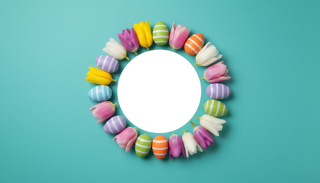 Top View Vertical Composition of Vibrant Spring Tulips and Decorated Colorful Easter Eggs Arranged on Isolated Teal Background with Central Blank Copyspace for Seasonal Holiday Greeting Message