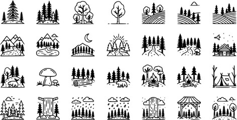 Fototapeta premium Nature and Outdoor Adventure Line Art Icons Set: Forest, Mountains, Camping, and Landscape Monoline Glyphs