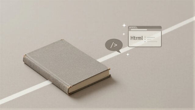 Book symbolizes knowledge with HTML tags hinting at digital learning