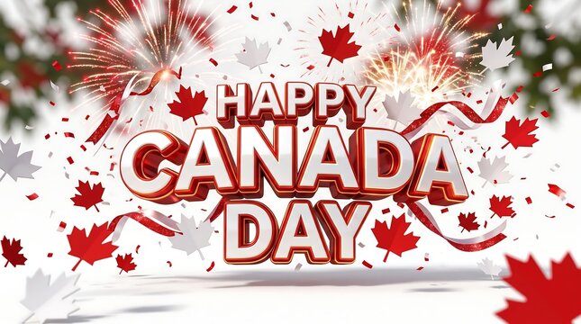 Happy Canada Day celebration with fireworks and maple leaves everywhere outside