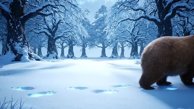 Brown bear walks through a snowy forest during winter.