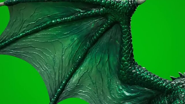 Detailed Close-up of a Green Dragon Wing on a Chroma Key Background.
