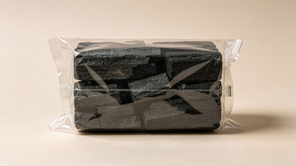 Fototapeta premium Packaged natural wood charcoal pieces in a transparent plastic wrap against a neutral beige background.
