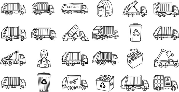 Black and White Line Art Icons of Garbage Trucks, Bins, and Worker for Recycling Industry