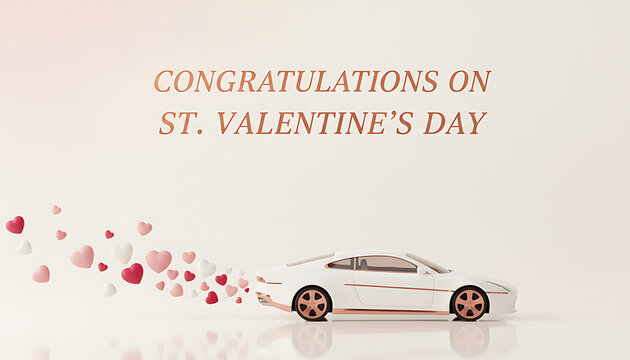 Creative Valentine Day Concept Depicting Miniature Modern Vehicle Trailing Crimson Hearts on Simple Bright Background with Generous Copy Space for Holiday Celebration Greeting and Header