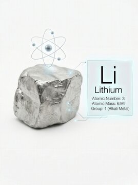 Raw Lithium Metal Nugget Isolated on White Background with Atomic Structure and Element Data
