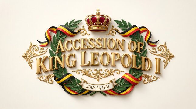 The Accession of King Leopold I ceremony features ornate gold text surrounded by green leaves and colorful ribbons on a beige background.