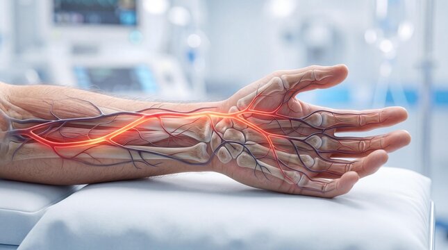 Human arm with highlighted nerves and blood vessels on medical table