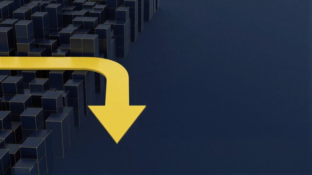 Bold yellow arrow points downward through dark blue blocky cityscape.
