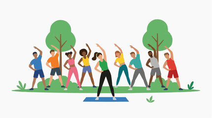 Fototapeta premium Outdoor Fitness Class: A group of diverse individuals participate in an energetic outdoor fitness class, stretching and exercising together in a park setting.