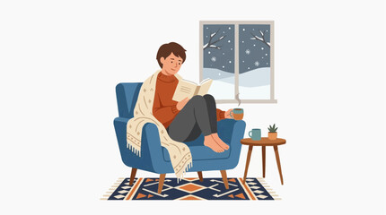 Fototapeta premium Cozy Winter Reading: A person relaxes in a plush armchair, wrapped in a blanket, with a warm drink and a book, as snow falls outside the window, creating a perfect scene of hygge and tranquility.