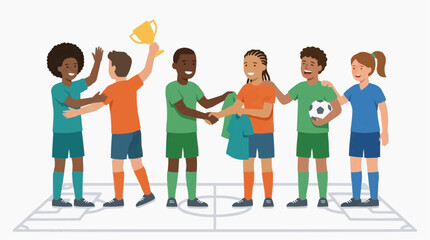 Obraz premium Soccer Team Victory Celebration: A group of diverse young soccer players celebrate their win on the field, with one player holding up a trophy and others shaking hands.