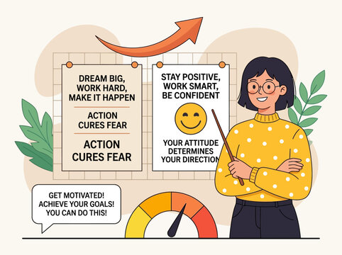 A woman holds motivational notes and a smiley face sticker in her hand.