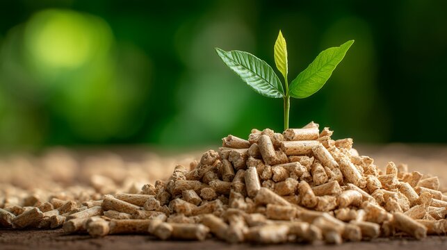 Young sprout on heap of wood pellets with blurred green background, sustainable fuel concept, renewable energy and natural daylight theme.