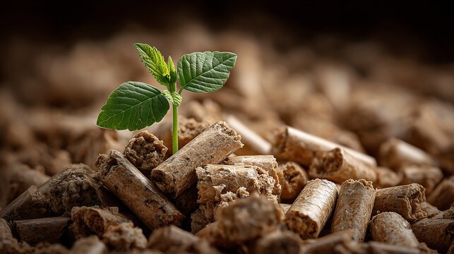 Fresh seedling emerging from biomass wood pellets with earthy tones, clean environmental concept, renewable energy and sustainable future theme.
