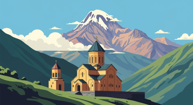 Stylized vector art of a traditional Georgian monastery nestled in green mountain valleys with the snow-covered peak of Mount Kazbek under a bright blue summer sky and white clouds.
