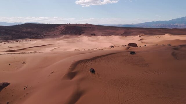 Aerial Drone View of UTVs Speeding Along Open Desert Trails in Utah