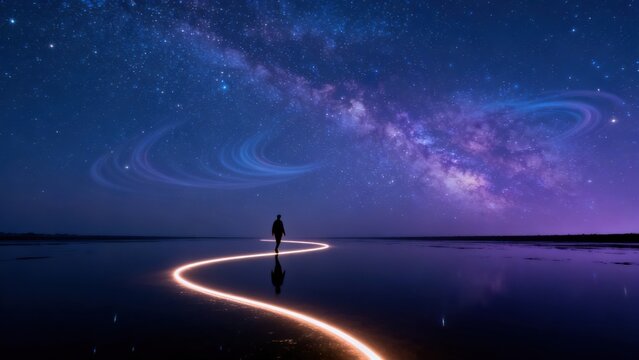Person walking on glowing path under starry sky