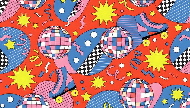 Retro Party Cartoon Seamless Pattern with Disco Balls and Neon Shapes