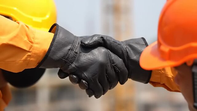 Professional handshake between two construction workers wearing safety helmets and gloves on a building site
