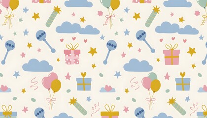 Obraz premium Baby Shower Celebration Cartoon Seamless Pattern with Cute Elements