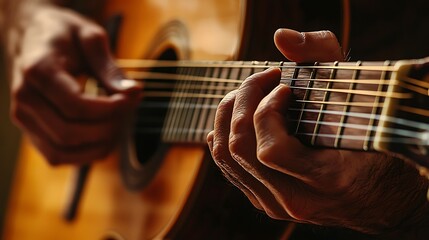 Obraz premium male hands with calloused fingers fingerpicking the strings of a light wood classical guitar with precise classical technique