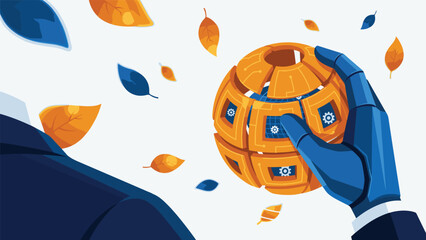 Obraz premium AI Hand Holding Spherical Data, Integrating Technology and Nature for a Sustainable Future