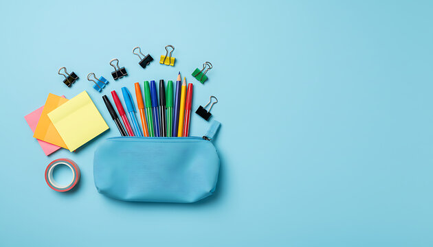 Top down perspective of essential academic supply featuring azure pencil case with writing tool sticky note adhesive roll and binder clip on monochromatic blue surface with text area