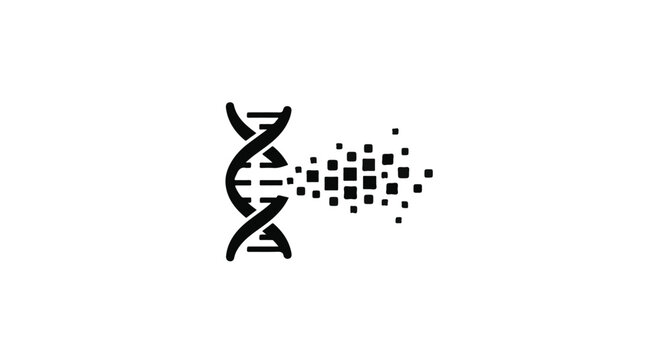 DNA strand dissolves into digital pixels to represent genetic engineering and modern biotechnological research.