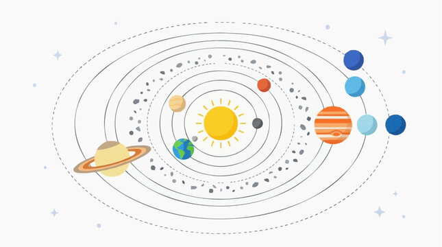 Solar System Illustration: A stylized illustration depicting the solar system, with the sun at the center surrounded by orbiting planets and asteroid belt.