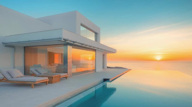 Luxurious modern beach house with infinity pool sun loungers ocean view and tropical paradise