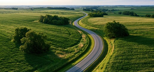 Fototapeta premium Aerial view of winding road through green countryside fields