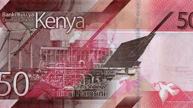 Portrait from Kenya 50 Shillings 2019 Banknote. Wind farms, geothermal energy production