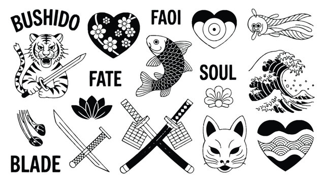 A black and white tribal style illustration depicts various symbolic Japanese tattoo designs including a tiger, swords, and a wave.