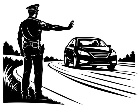 Police Officer Signaling Vehicle to Stop on Curved Road Silhouette