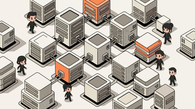 Isometric Data Center Illustration with Connected Servers and IT Professionals; Concept of Cloud Computing, Network Infrastructure, and Global Connectivity