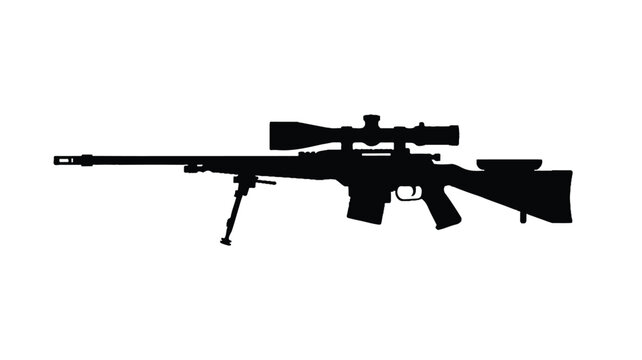 A clean grid layout displays a rifle with scope and silencer