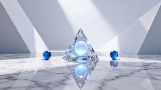 Crystal pyramid with blue spheres
