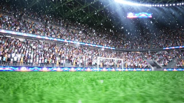 Animation of snow falling over icy football pitch with stadium audience in background supporting favorite team. 3D rendered close up of soccer field and fans in sports arena during cold winter weather